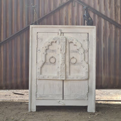 Handcrafted Whitewash Accent Cabinet | Solid Wood Storage Cabinet with Carved Haveli Doors | Rustic Indian Furniture