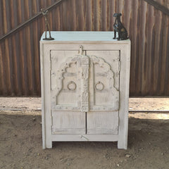Handcrafted Whitewash Accent Cabinet | Solid Wood Storage Cabinet with Carved Haveli Doors | Rustic Indian Furniture