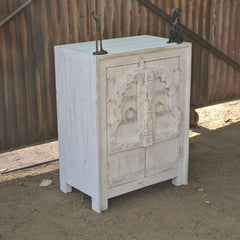 Handcrafted Whitewash Accent Cabinet | Solid Wood Storage Cabinet with Carved Haveli Doors | Rustic Indian Furniture