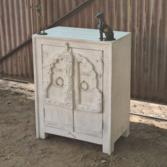 Handcrafted Whitewash Accent Cabinet | Solid Wood Storage Cabinet with Carved Haveli Doors | Rustic Indian Furniture