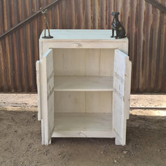Handcrafted Whitewash Accent Cabinet | Solid Wood Storage Cabinet with Carved Haveli Doors | Rustic Indian Furniture