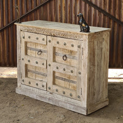Handcrafted Whitewash Wooden Storage Cabinet with Iron Strap Details | Rustic Mango Wood Accent Cabinet | Farmhouse Cupboard for Living Room, Bedroom & Entryway