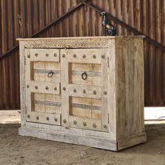 Handcrafted Whitewash Wooden Storage Cabinet with Iron Strap Details | Rustic Mango Wood Accent Cabinet | Farmhouse Cupboard for Living Room, Bedroom & Entryway