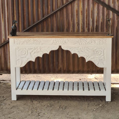 Hand-Carved Whitewash Console Table with Lower Shelf | Solid Wood Entryway, Hallway & Living Room Accent Table