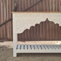 Hand-Carved Whitewash Console Table with Lower Shelf | Solid Wood Entryway, Hallway & Living Room Accent Table