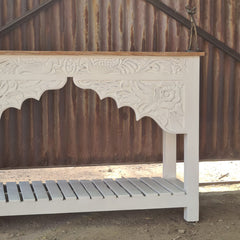 Hand-Carved Whitewash Console Table with Lower Shelf | Solid Wood Entryway, Hallway & Living Room Accent Table