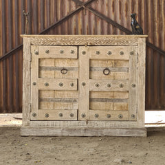 Handcrafted Whitewash Wooden Storage Cabinet with Iron Strap Details | Rustic Mango Wood Accent Cabinet | Farmhouse Cupboard for Living Room, Bedroom & Entryway