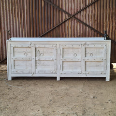 Handcrafted Whitewash Sideboard Cabinet | Solid Wood Buffet Storage Cabinet with Iron Ring Pulls & Rustic Farmhouse Finish