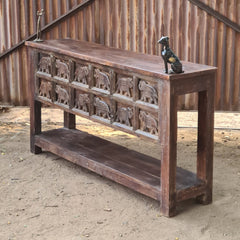 Handcrafted Solid Wood Console Table with Hand-Carved Elephant Panel Design | Rustic Entryway, Hallway & Living Room Accent Table