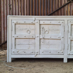Handcrafted Whitewash Sideboard Cabinet | Solid Wood Buffet Storage Cabinet with Iron Ring Pulls & Rustic Farmhouse Finish