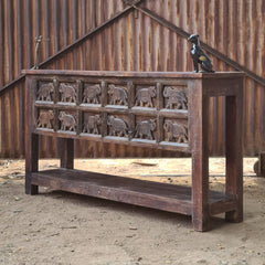 Handcrafted Solid Wood Console Table with Hand-Carved Elephant Panel Design | Rustic Entryway, Hallway & Living Room Accent Table