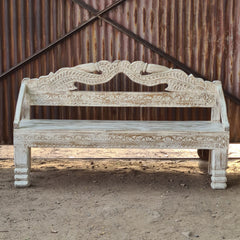 Hand-Carved Wooden Bench | Whitewash Accent Bench | Solid Wood Entryway & Hallway Seating | Traditional Indian Furniture