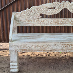 Hand-Carved Wooden Bench | Whitewash Accent Bench | Solid Wood Entryway & Hallway Seating | Traditional Indian Furniture