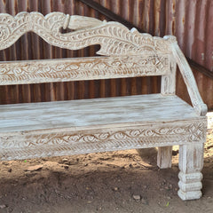 Hand-Carved Wooden Bench | Whitewash Accent Bench | Solid Wood Entryway & Hallway Seating | Traditional Indian Furniture
