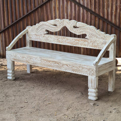Hand-Carved Wooden Bench | Whitewash Accent Bench | Solid Wood Entryway & Hallway Seating | Traditional Indian Furniture