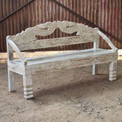 Hand-Carved Wooden Bench | Whitewash Accent Bench | Solid Wood Entryway & Hallway Seating | Traditional Indian Furniture