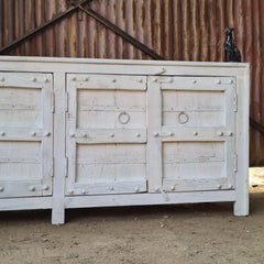 Handcrafted Whitewash Sideboard Cabinet | Solid Wood Buffet Storage Cabinet with Iron Ring Pulls & Rustic Farmhouse Finish