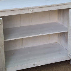 Handcrafted Whitewash Sideboard Cabinet | Solid Wood Buffet Storage Cabinet with Iron Ring Pulls & Rustic Farmhouse Finish