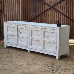 Handcrafted Whitewash Sideboard Cabinet | Solid Wood Buffet Storage Cabinet with Iron Ring Pulls & Rustic Farmhouse Finish