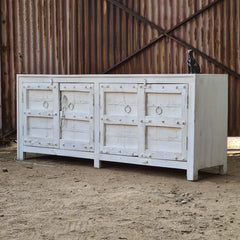 Handcrafted Whitewash Sideboard Cabinet | Solid Wood Buffet Storage Cabinet with Iron Ring Pulls & Rustic Farmhouse Finish