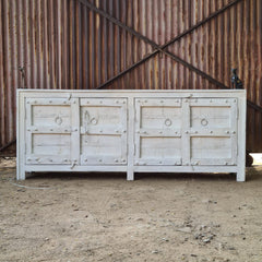 Handcrafted Whitewash Sideboard Cabinet | Solid Wood Buffet Storage Cabinet with Iron Ring Pulls & Rustic Farmhouse Finish