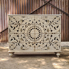 Handcrafted Whitewash Mandala Chest of Drawers | Carved Mango Wood Storage Chest | 8 Drawer Accent Cabinet for Bedroom & Living Room
