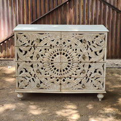 Handcrafted Whitewash Mandala Chest of Drawers | Carved Mango Wood Storage Chest | 8 Drawer Accent Cabinet for Bedroom & Living Room