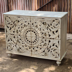 Handcrafted Whitewash Mandala Chest of Drawers | Carved Mango Wood Storage Chest | 8 Drawer Accent Cabinet for Bedroom & Living Room