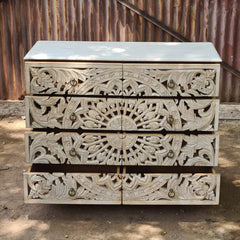 Handcrafted Whitewash Mandala Chest of Drawers | Carved Mango Wood Storage Chest | 8 Drawer Accent Cabinet for Bedroom & Living Room