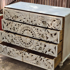 Handcrafted Whitewash Mandala Chest of Drawers | Carved Mango Wood Storage Chest | 8 Drawer Accent Cabinet for Bedroom & Living Room