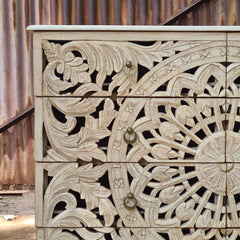 Handcrafted Whitewash Mandala Chest of Drawers | Carved Mango Wood Storage Chest | 8 Drawer Accent Cabinet for Bedroom & Living Room