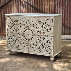 Handcrafted Whitewash Mandala Chest of Drawers | Carved Mango Wood Storage Chest | 8 Drawer Accent Cabinet for Bedroom & Living Room