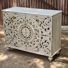 Handcrafted Whitewash Mandala Chest of Drawers | Carved Mango Wood Storage Chest | 8 Drawer Accent Cabinet for Bedroom & Living Room