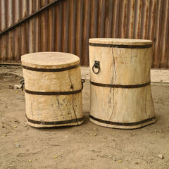 Handcrafted Solid Wood Barrel Side Tables Set of 2 | Rustic Reclaimed Timber Accent Stools with Iron Band & Ring Handle Details