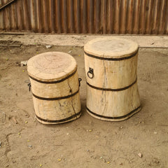 Handcrafted Solid Wood Barrel Side Tables Set of 2 | Rustic Reclaimed Timber Accent Stools with Iron Band & Ring Handle Details