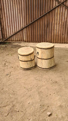 Handcrafted Solid Wood Barrel Side Tables Set of 2 | Rustic Reclaimed Timber Accent Stools with Iron Band & Ring Handle Details