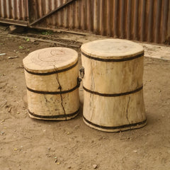 Handcrafted Solid Wood Barrel Side Tables Set of 2 | Rustic Reclaimed Timber Accent Stools with Iron Band & Ring Handle Details