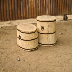 Handcrafted Solid Wood Barrel Side Tables Set of 2 | Rustic Reclaimed Timber Accent Stools with Iron Band & Ring Handle Details