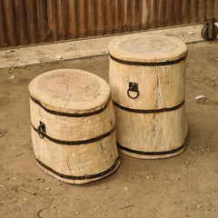 Handcrafted Solid Wood Barrel Side Tables Set of 2 | Rustic Reclaimed Timber Accent Stools with Iron Band & Ring Handle Details