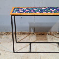 Hand-Painted Wooden & Metal Console Table – Floral Accent Console | Rustic Industrial Entryway, Hallway & Living Room Table