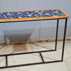 Hand-Painted Wooden & Metal Console Table – Floral Accent Console | Rustic Industrial Entryway, Hallway & Living Room Table