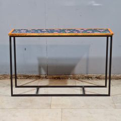 Hand-Painted Wooden & Metal Console Table – Floral Accent Console | Rustic Industrial Entryway, Hallway & Living Room Table