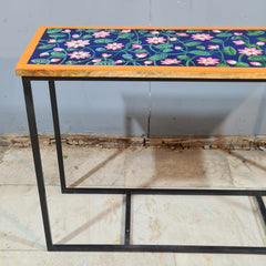 Hand-Painted Wooden & Metal Console Table – Floral Accent Console | Rustic Industrial Entryway, Hallway & Living Room Table