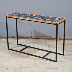 Hand-Painted Wooden & Metal Console Table – Floral Accent Console | Rustic Industrial Entryway, Hallway & Living Room Table