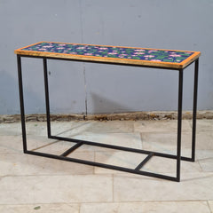 Hand-Painted Wooden & Metal Console Table – Floral Accent Console | Rustic Industrial Entryway, Hallway & Living Room Table