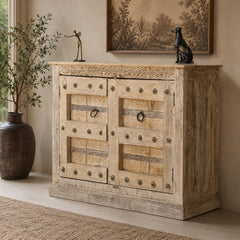 Handcrafted Whitewash Wooden Storage Cabinet with Iron Strap Details | Rustic Mango Wood Accent Cabinet | Farmhouse Cupboard for Living Room, Bedroom & Entryway