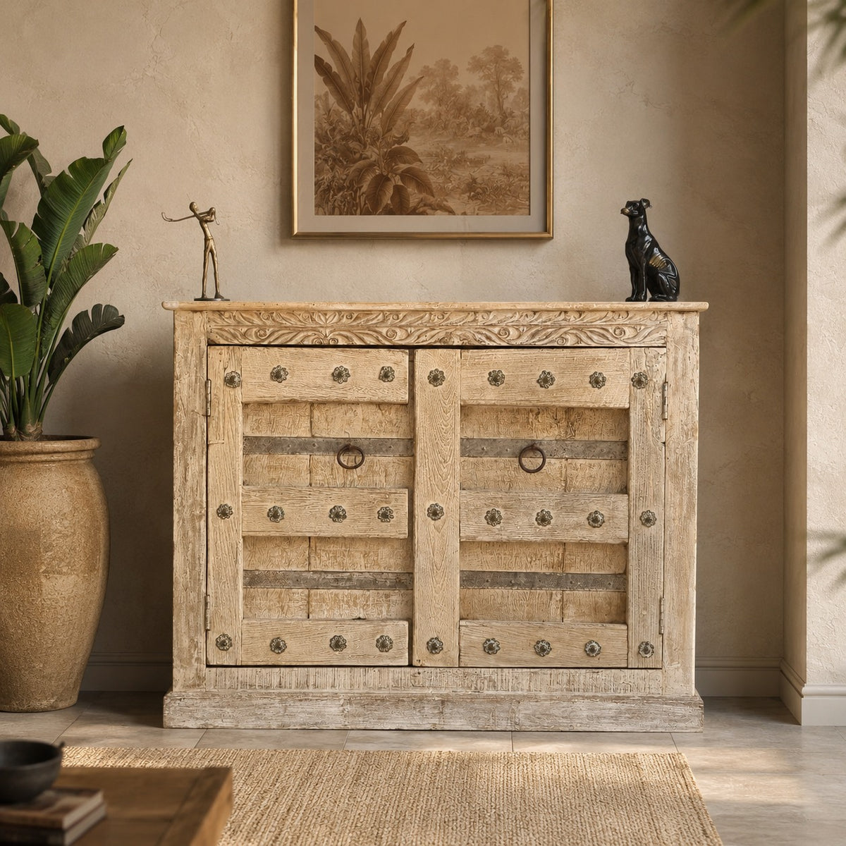 Handcrafted Whitewash Wooden Storage Cabinet with Iron Strap Details | Rustic Mango Wood Accent Cabinet | Farmhouse Cupboard for Living Room, Bedroom & Entryway