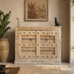 Handcrafted Whitewash Wooden Storage Cabinet with Iron Strap Details | Rustic Mango Wood Accent Cabinet | Farmhouse Cupboard for Living Room, Bedroom & Entryway