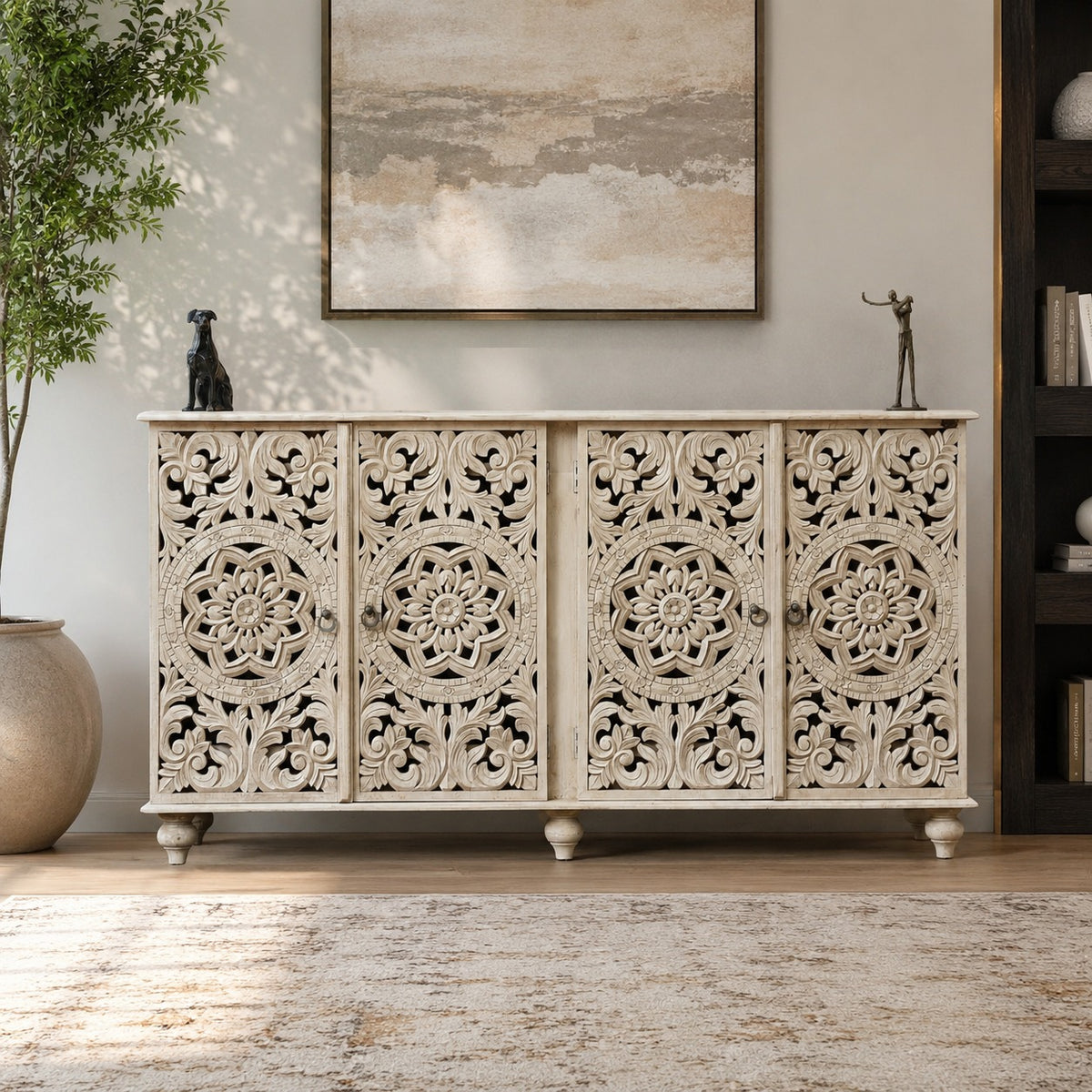 Hand Carved Whitewash Wooden Sideboard Cabinet – Floral Mandala Storage Console | Rustic Buffet Cabinet for Living Room, Dining Room & Entryway