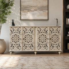 Hand Carved Whitewash Wooden Sideboard Cabinet – Floral Mandala Storage Console | Rustic Buffet Cabinet for Living Room, Dining Room & Entryway